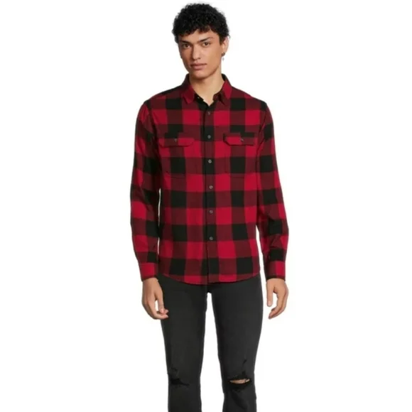 George Men's Red/Black Plaid Flannel Long Sleeve Top Size Medium EUC - Picture 4 of 7